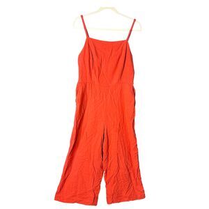 Old Navy Womens Coral Linen Jumpsuit Sz M Cropped Wide Leg Vacay Beachy Vibrant